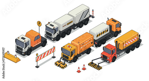 Isometric construction trucks and barriers set for urban development