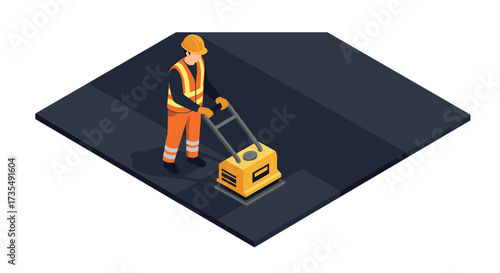 Construction worker operating a plate compactor on asphalt in isometric style
