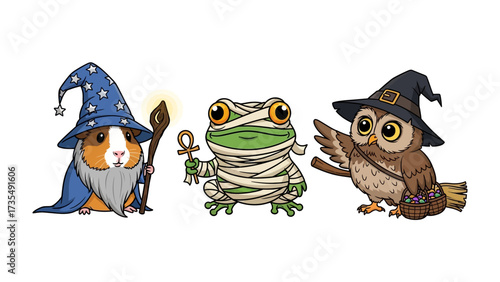 Magical Critters: A charming group of cartoon animals embody the enchanting world of fantasy. A guinea pig wizard, a frog mummy and an owl witch. 