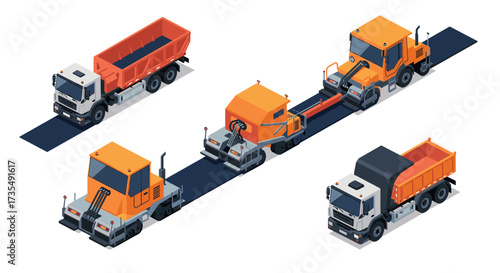 Isometric construction vehicles on road industrial trucks and machinery