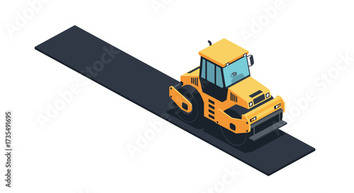 Isometric road roller on fresh pavement