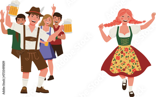 Group of friends celebrating Oktoberfest with beer, man in lederhosen, woman in floral dirndl, German festival, traditional Bavarian clothing illustration