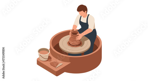 Isometric pottery artist crafting clay on pottery wheel