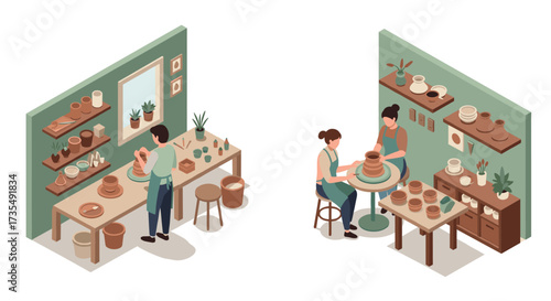 Isometric pottery workshop scene featuring artistic crafting and clay sculpting