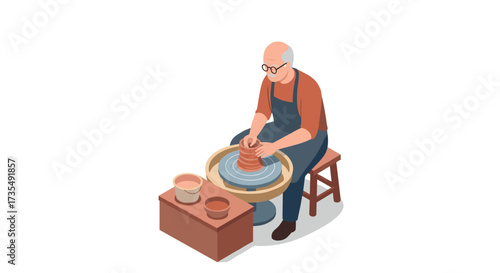 Elderly potter crafting clay at wheel in isometric art style