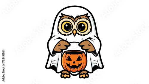 Cute Owl in Halloween Costume : A captivating cartoon owl, adorned in a ghost costume, cheerfully clutches a carved pumpkin pail, exuding festive spirit and fun.
