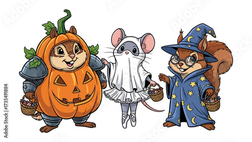 Halloween Critter Crew: A charming illustration showcasing three critters costumed for Halloween, a pumpkin, a ghost and a wizard, embodying the whimsical spirit of the holiday. 
