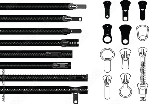 Realistic zipper vector set with teeth, sliders, pullers, fastener parts for sewing, tailoring, garment design, clothing repair, fashion accessories, DIY tools