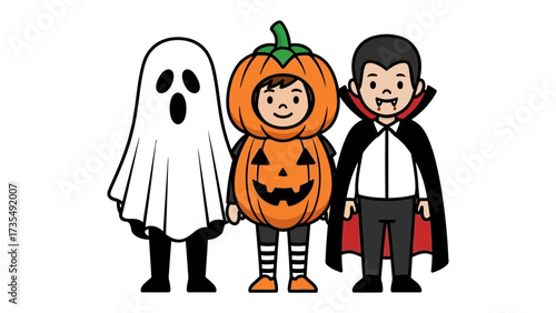 Spirited Halloween Trio: Three playful figures in costumes—a ghostly apparition, a cheerful pumpkin, and a dapper vampire—stand ready for spooky seasonal fun.