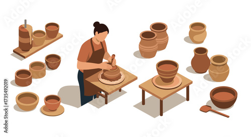 Isometric pottery workshop artisan crafting clay pots in studio