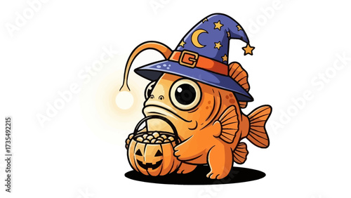 Spooky Anglerfish: A whimsical illustration of an anglerfish donning a wizard's hat and carrying a jack-o'-lantern basket, celebrating Halloween in an enchanting underwater setting.