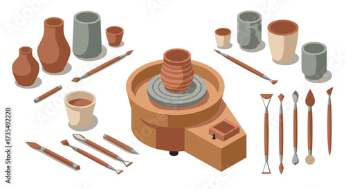 Isometric pottery workshop with tools and clay vases on rotating wheel