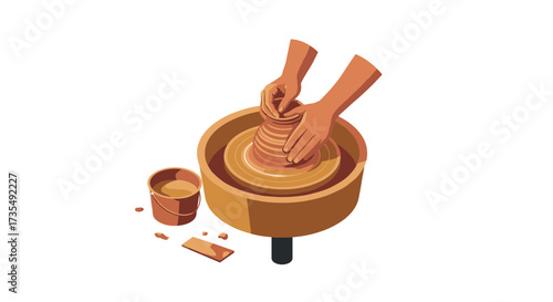 Isometric pottery crafting hands at work on clay with pottery wheel