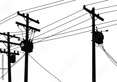 Vector silhouette illustration of multiple electric utility poles with transformers and power lines, electricity distribution system, high voltage energy grid infrastructure