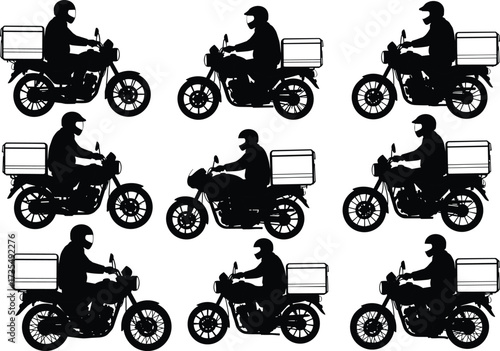 Vector silhouette set of motorcycle delivery riders with helmets and cargo boxes, courier service, food delivery transportation, fast shipping logistics illustration