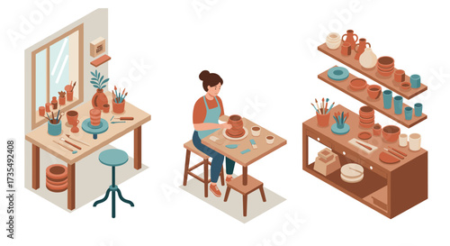 Cozy pottery studio with artisan crafting and ceramic shelves in isometric design