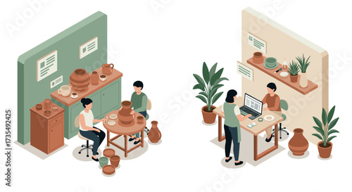 Isometric scenes of pottery workshop and office with plants and people working