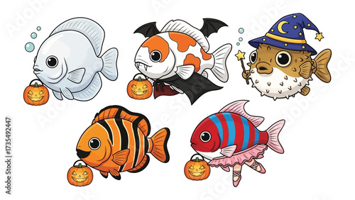 Halloween Fish Collection: A delightful collection of cartoonish fish, each dressed in a unique Halloween costume and carrying a jack-o'-lantern bucket, creating a charming and festive atmosphere.