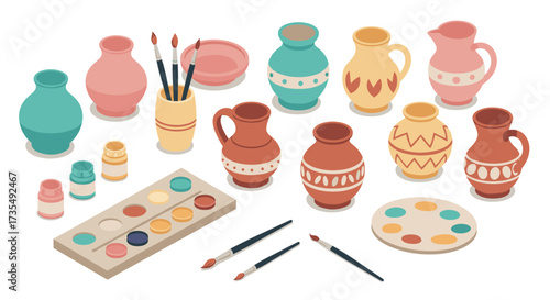 Colorful ceramic pottery set with paintbrushes and palette in isometric style