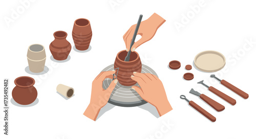 Handcrafting pottery on wheel with tools in isometric style
