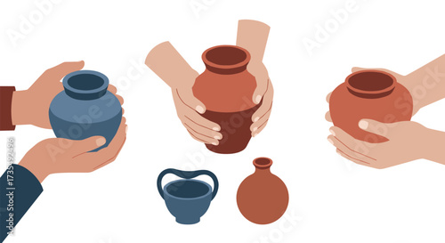 Hands holding ancient ceramic vases minimalist style with neutral tones