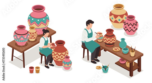 Isometric pottery workshop crafting and painting colorful clay vases