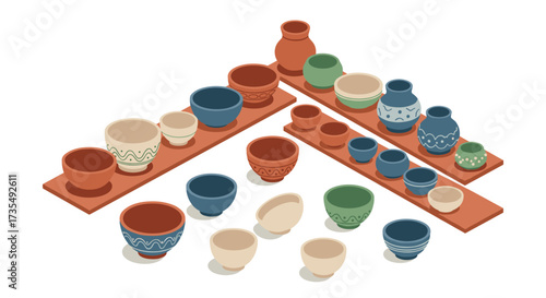 Isometric ceramic pottery display with colorful bowls and vases on wooden shelves