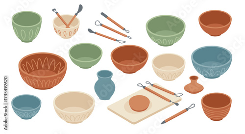 Colorful ceramic pottery collection with tools on white background