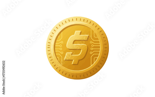 Golden coin with dollar sign and circuit board pattern on white background.