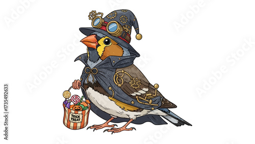 Whimsical Bird in Costume: A delightful, artistically rendered illustration features a charming bird adorned in a captivating costume with fantastical elements.