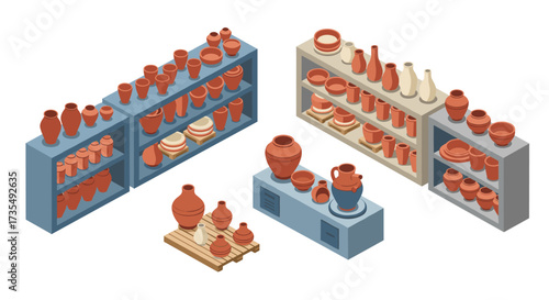 Isometric display of antique clay pottery on shelves