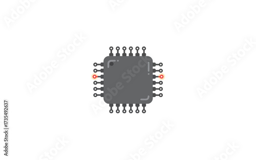 A stylized illustration of a dark gray integrated circuit (IC) chip with multiple pins, two of which are highlighted in orange, set against a white background.