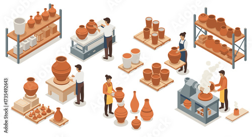 Isometric ceramic workshop scene with artisans crafting pottery in a studio setting