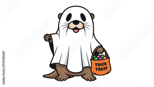 Halloween Otter: A cartoonish otter, adorably costumed in a ghost sheet, merrily trick-or-treats, emanating the fun and spirit of Halloween.