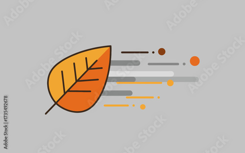 Stylized autumn leaf in motion with trailing lines and dots on a grey background, depicting fall season.