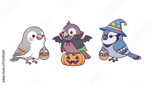 Halloween Birds: Three charming birds in festive costumes, one as a vampire, another as a wizard, and a third ready for a Halloween event!