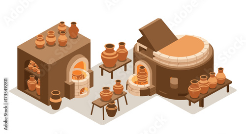 Isometric ceramic workshop with kilns and pottery display