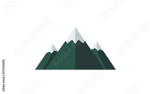 A minimalist flat design illustration of three green mountain peaks with snowy caps against a white background.