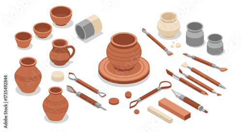 Isometric pottery set with clay tools and ceramic vases