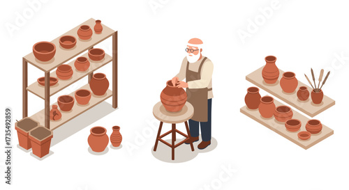 Isometric pottery workshop with elderly potter crafting clay vases and shelves of ceramics