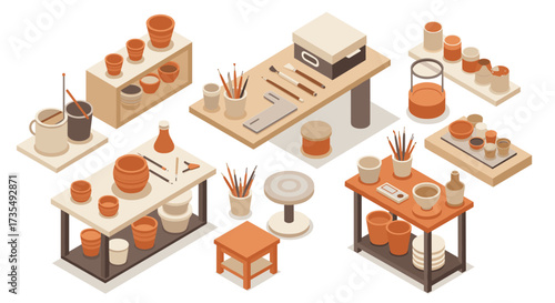 Creative pottery studio isometric design featuring art supplies and clay vessels