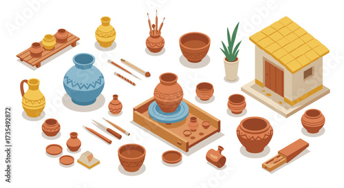 Isometric pottery workshop scene with clay vases and tools in warm earth tones