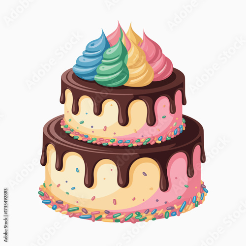 Colorful two tiered birthday cake with chocolate drizzle and rainbow frosting