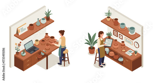 Creative pottery studio isometric interior with artists working on ceramics and sculptures