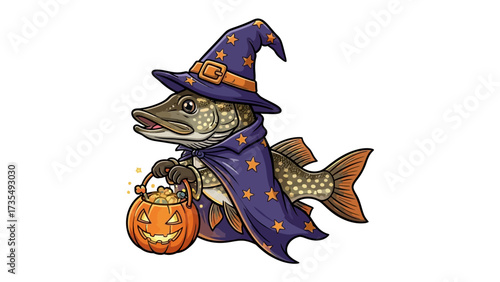 Pike Wizard's Halloween: An enchanting illustration of a northern pike in a wizard's hat and cloak, holding a jack-o'-lantern, perfect for Halloween greetings. 