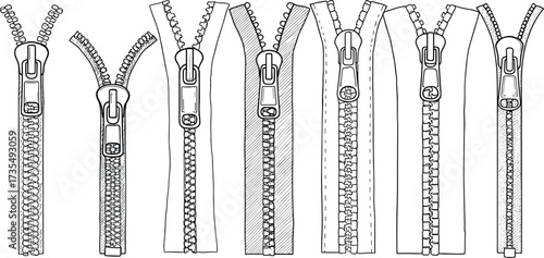 Zipper vector set with different styles, open and closed sliders, sewing accessories, garment fasteners, black and white illustration for fashion design