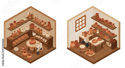 Isometric ceramic workshop with potter and clay pots in rustic studio setting