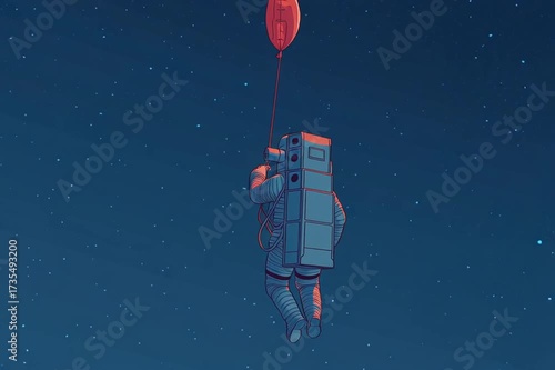 astronaut floating in space holding glowing red heart balloon creating a dreamy cosmic romantic vision design