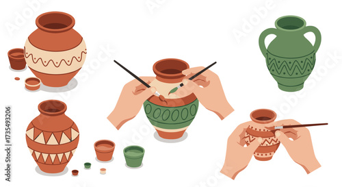 Hand painting traditional clay pots with geometric patterns and earthy tones