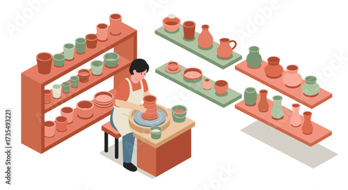 Isometric pottery workshop with artisan crafting ceramics in warm tones